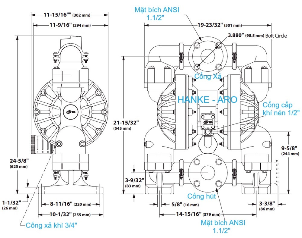 Kích Thước Bơm Màng Khí Nén ARO 6661T3-344-C – Hanke
