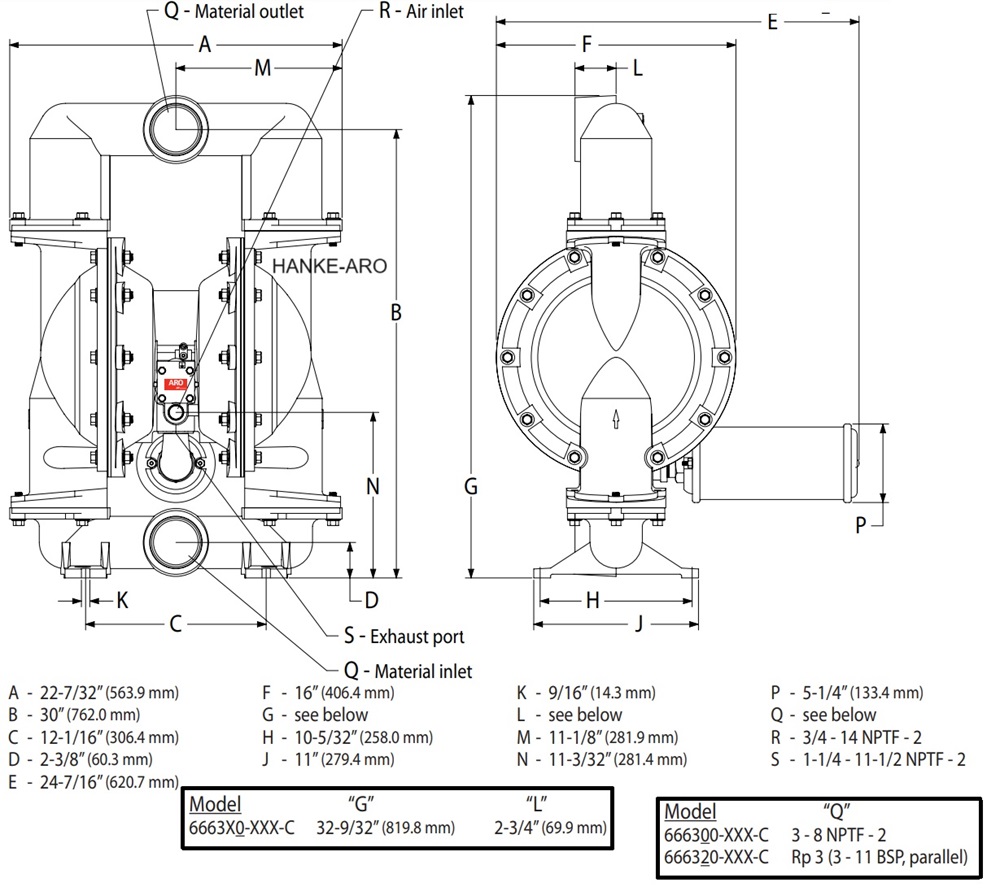 Kích Thước Bơm Màng Khí Nén ARO 666320-EEB-C – Hanke