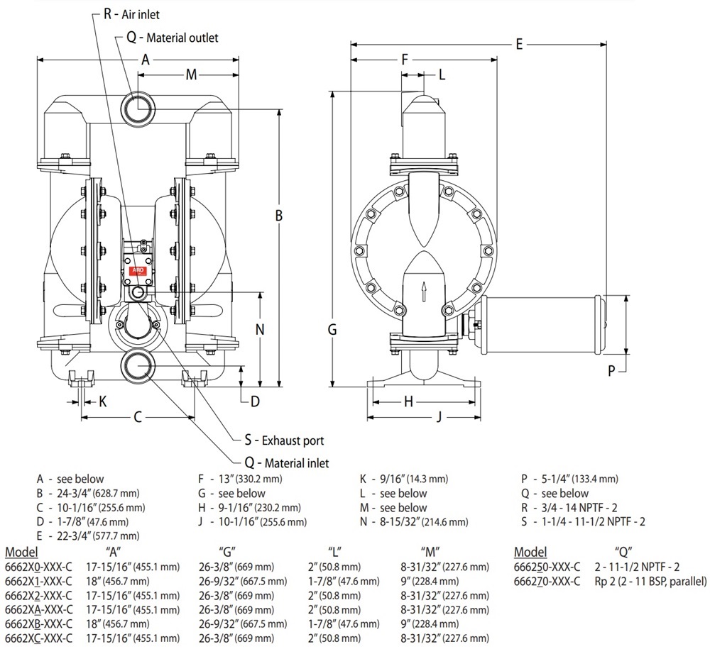 Kích Thước Bơm Màng Khí Nén ARO 666270-144-C – Hanke