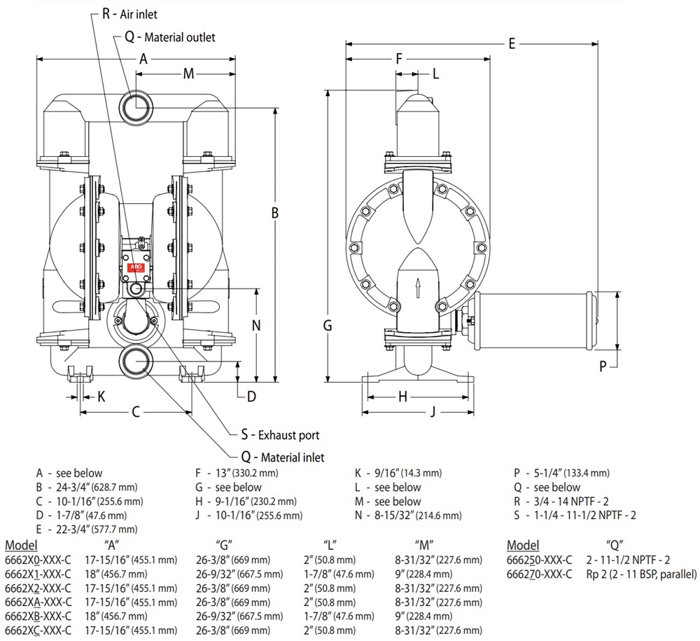 Kích Thước Bơm Màng Khí Nén ARO 666270-EEB-C – Hanke