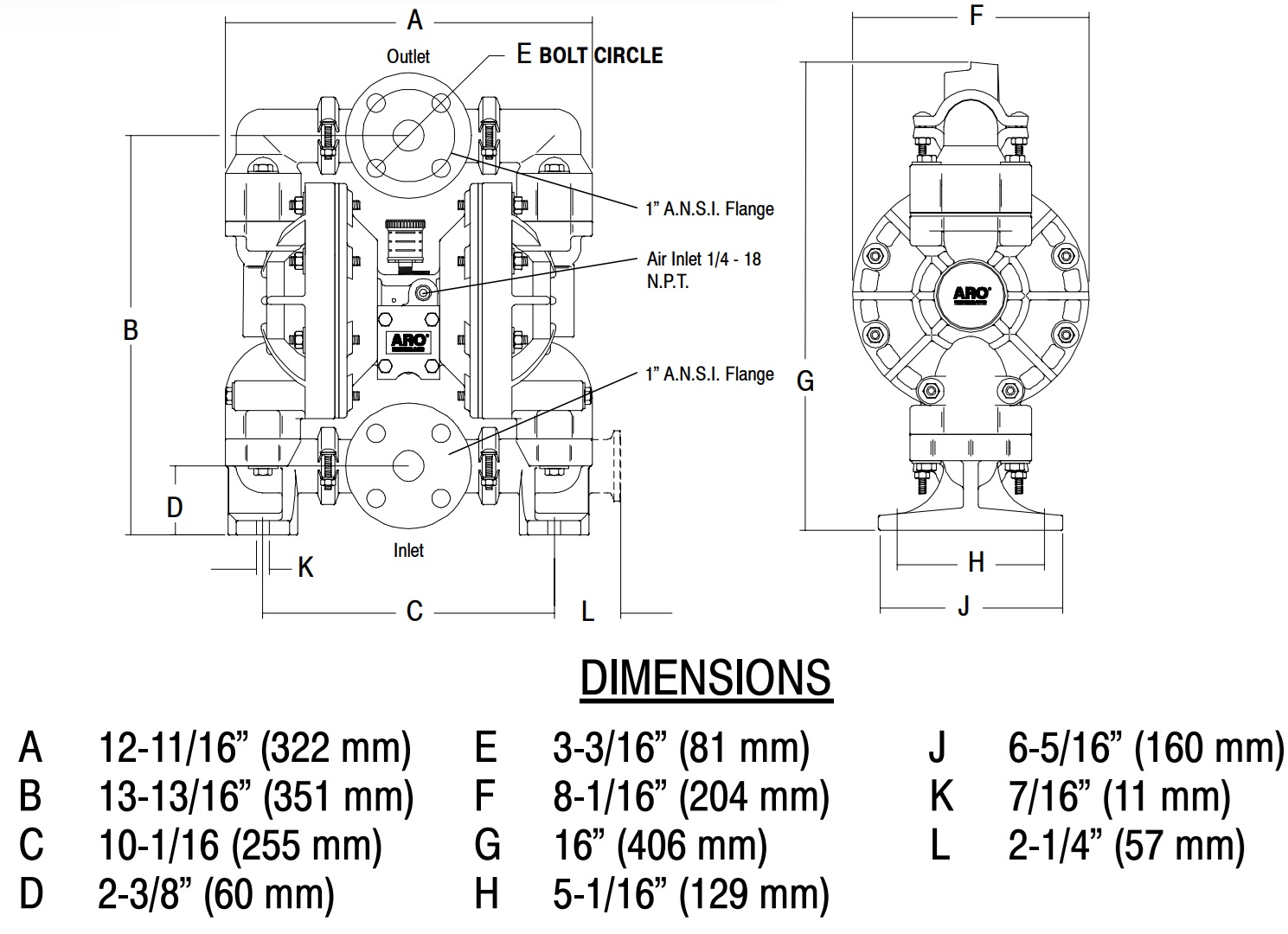 Hình ảnh kích thước máy bơm màng ARO 6661A3-344-C