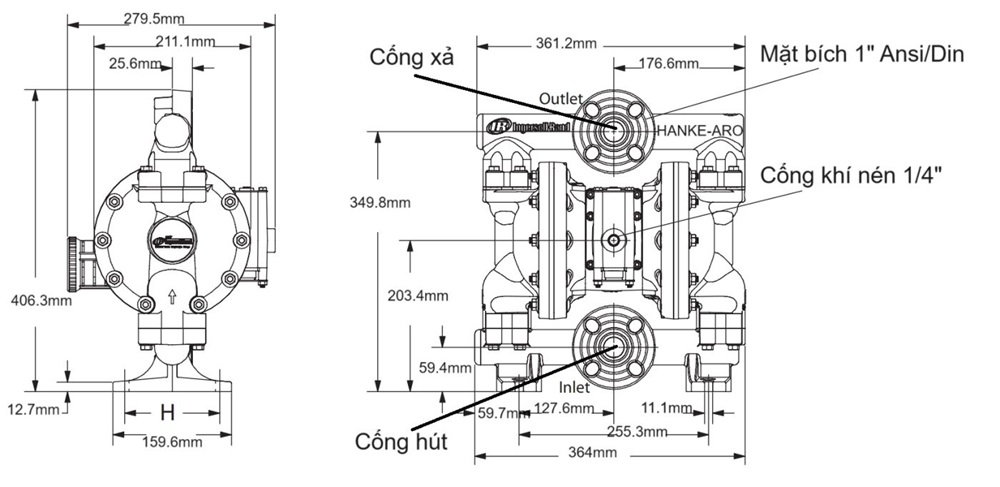 Kích Thước Bơm Màng ARO PD10P-YPS-PTT – Hanke