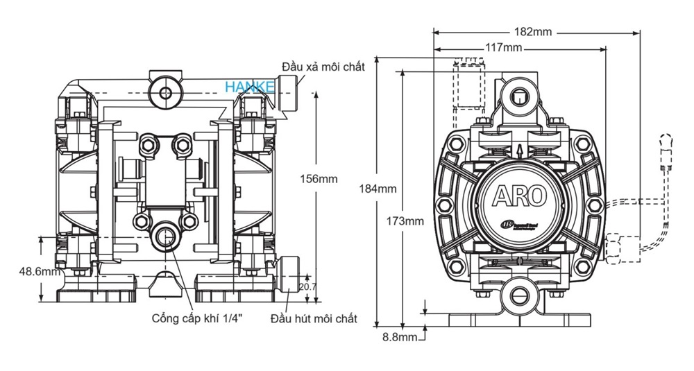 Kích Thước Bơm Màng ARO PD01P-HPS-PTT-A – Hanke
